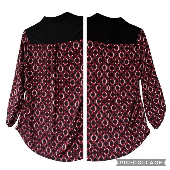 PerSeption Concept Red Maroon White Black Chain Print Blouse Top V Neck Size S - Picture 9 of 9